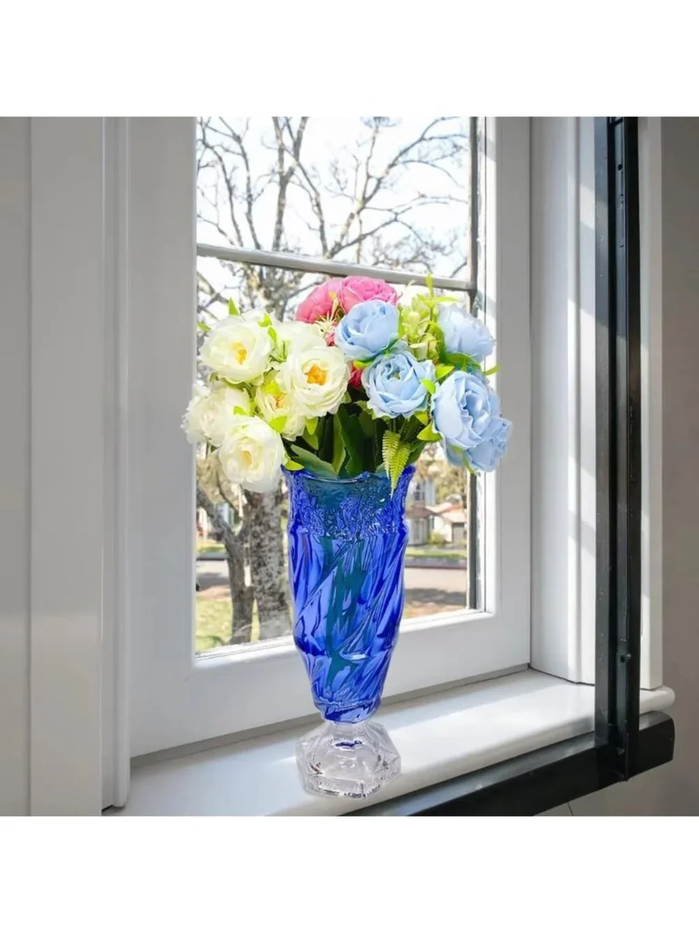 9.5 Inch Blue Glass Flower Vase Bohemian Style For Centerpieces Wedding Home Dec